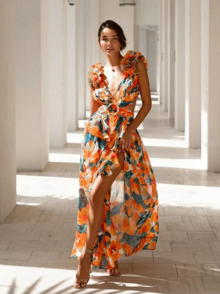 Lexi – Elegantes Rückenfreies Maxikleid mit Rüschen