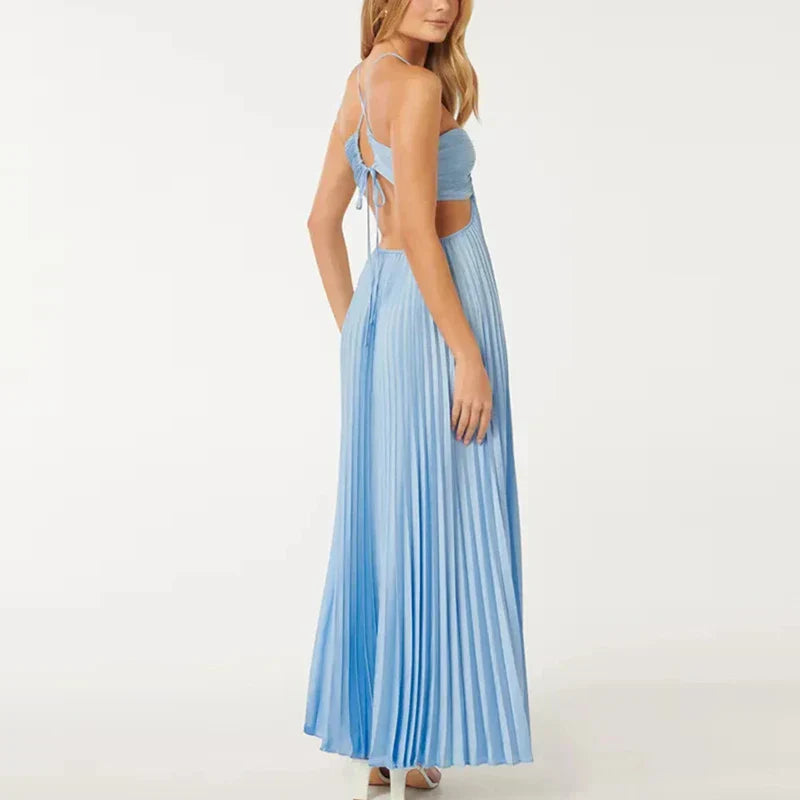 Marina | Blaues Halterneck Plissiertes Partykleid