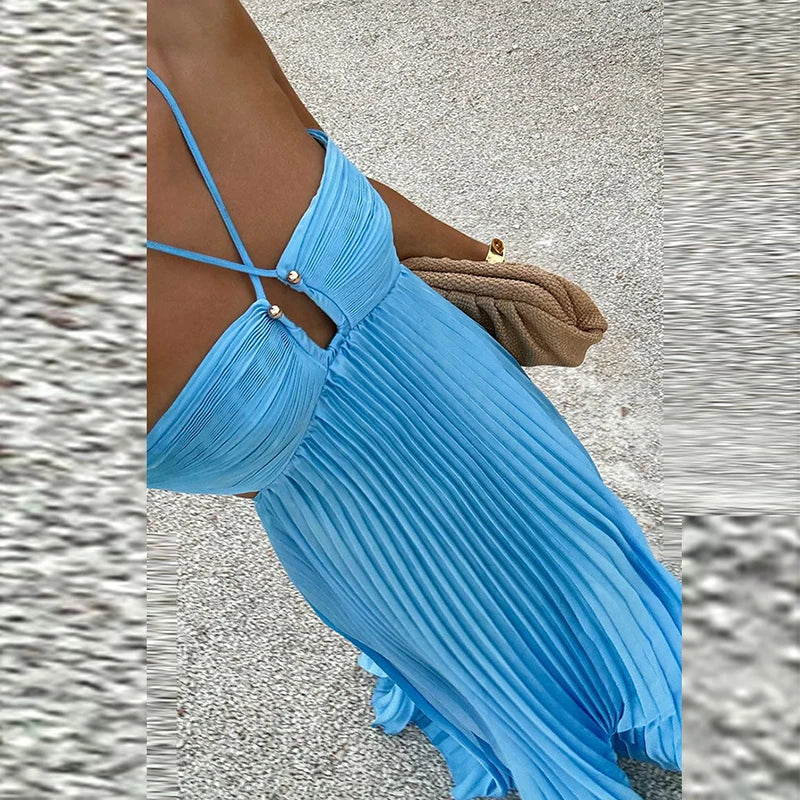 Marina | Blaues Halterneck Plissiertes Partykleid