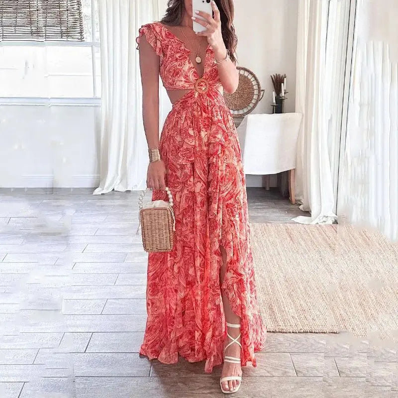 Elara Printed Pleated V-Neck Dress