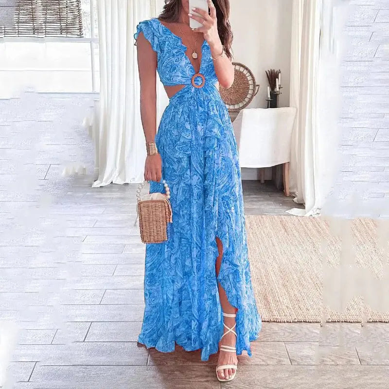 Elara Printed Pleated V-Neck Dress