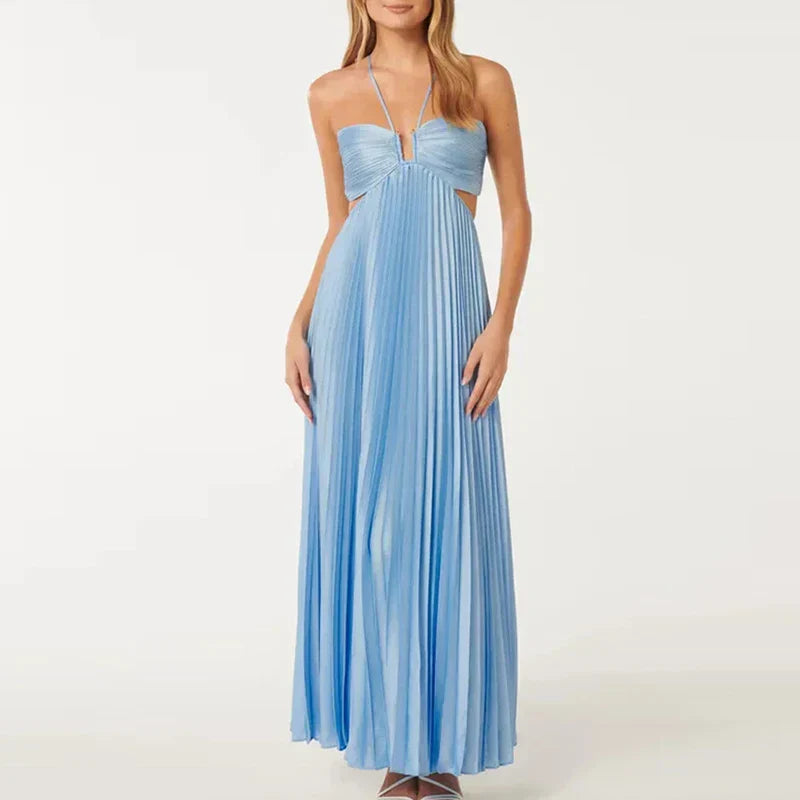 Skye Blue Halter Pleated Vacation Dress