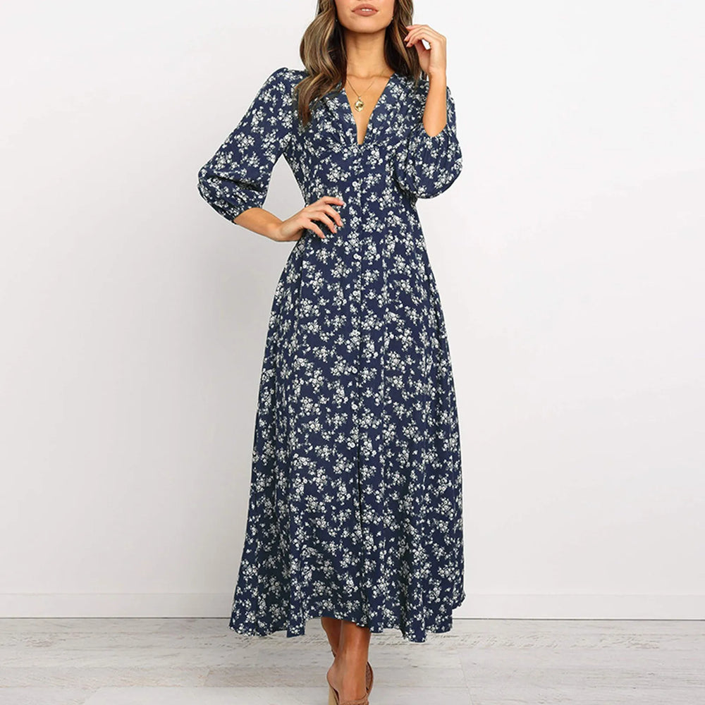 Marina | Geblümtes Midi-Kleid mit Knopfleiste