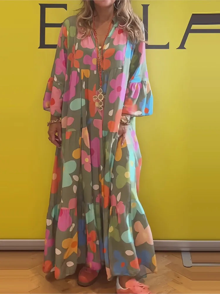 Serena | Bedrucktes Maxi-Strandkleid mit V-Ausschnitt