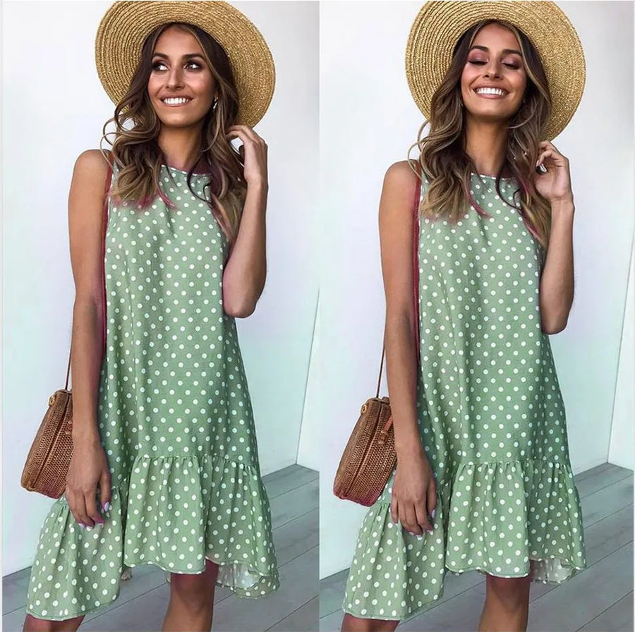 Roan Playful Polka-Dot Ruffle Chiffon Summer Dress