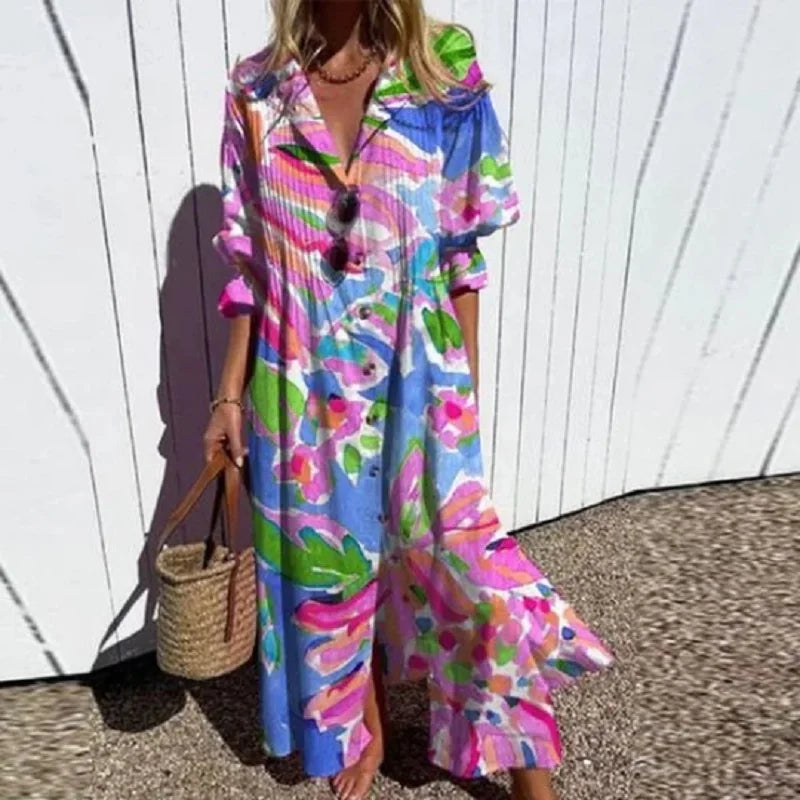 Olivia Short Sleeve Flowy Boho Chic Summer Maxi Dress