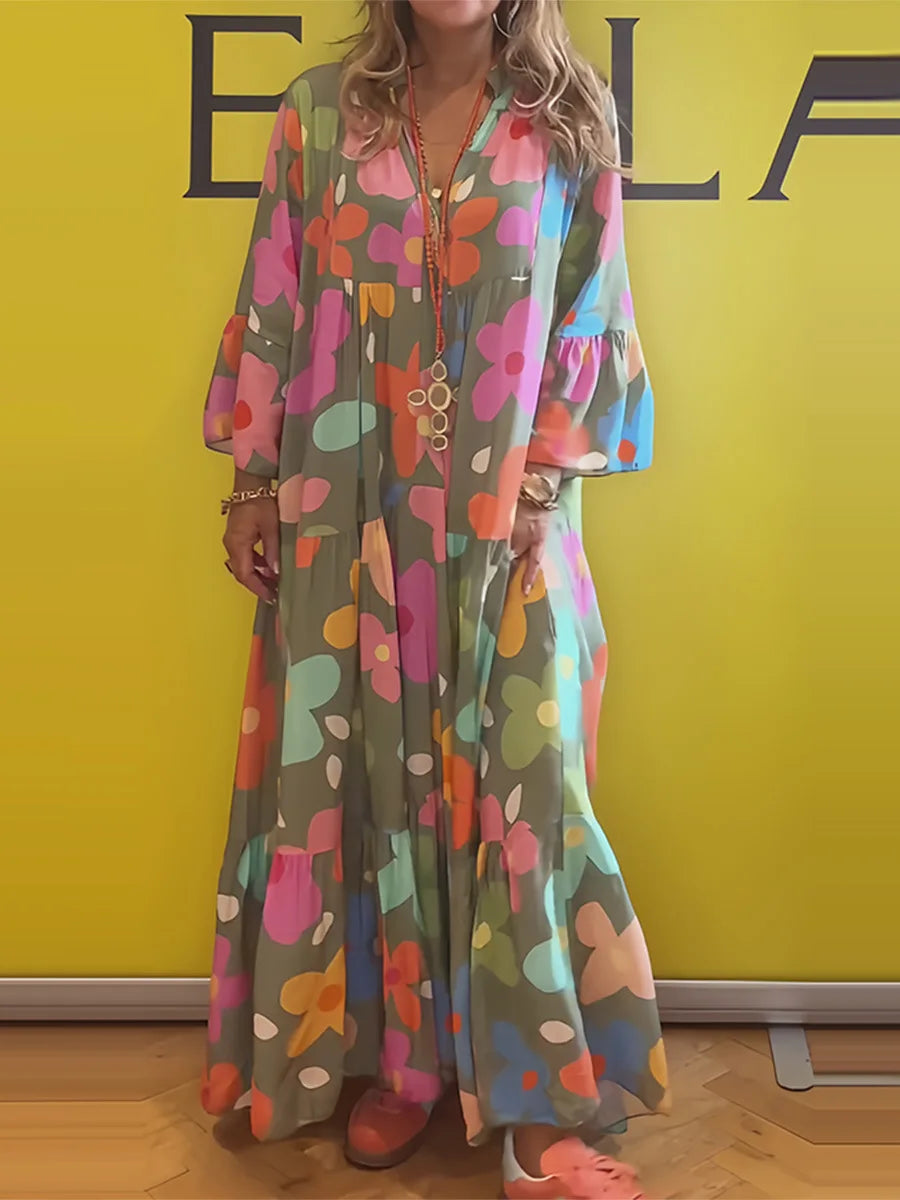 Serena | Bedrucktes Maxi-Strandkleid mit V-Ausschnitt