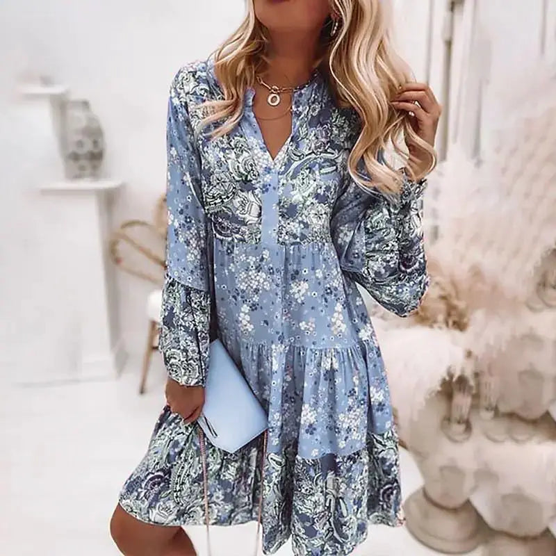 Helena | Blumiges A-Linien-Kleid mit V-Ausschnitt
