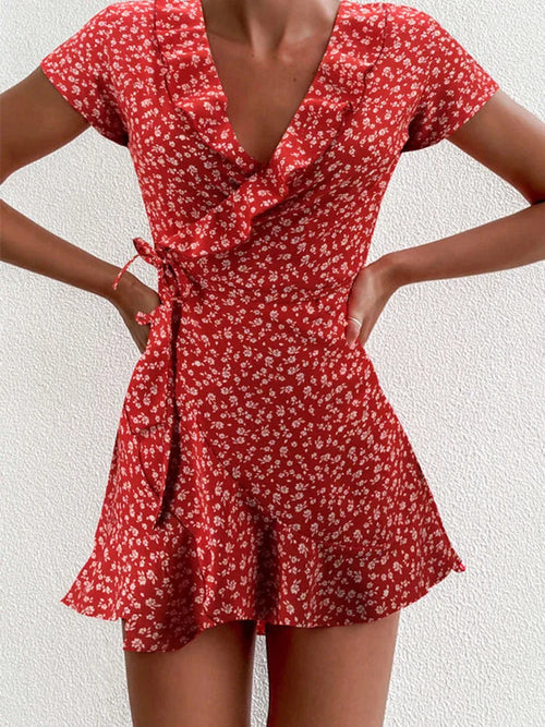 Mary Floral Ruffle V-Neck Mini Dress for Summer
