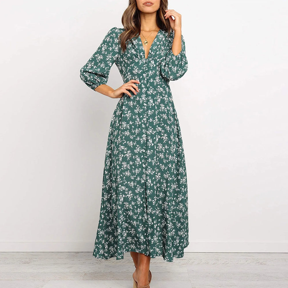 Marina | Geblümtes Midi-Kleid mit Knopfleiste