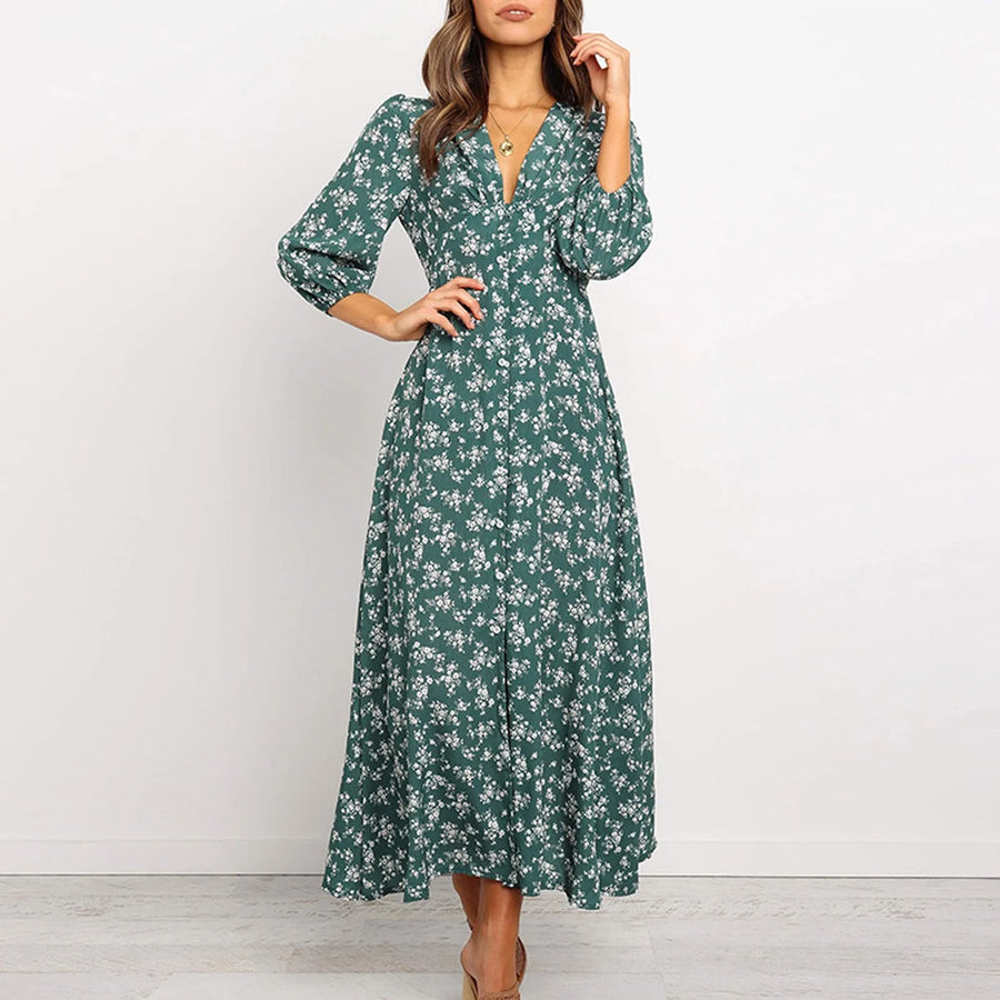 Marina Floral Midi Dress with Button-Front Placket