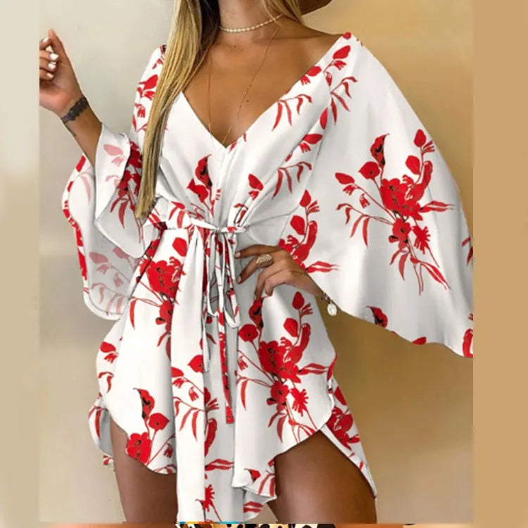 Daisy – Boho-Minikleid mit floralem V-Ausschnitt