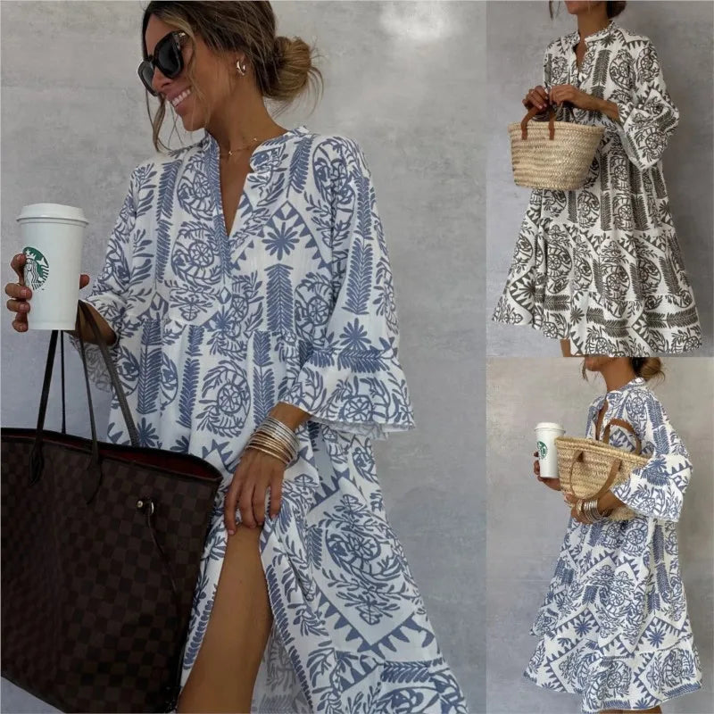 Adeline | Bedrucktes A-Linien-Kleid mit V-Ausschnitt und Rockschnitt