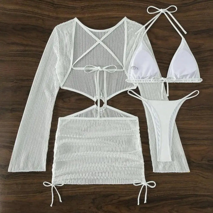 Whisper | 3-teiliges Bikini-Set mit Schnürung und Mesh-Überwurfkleid