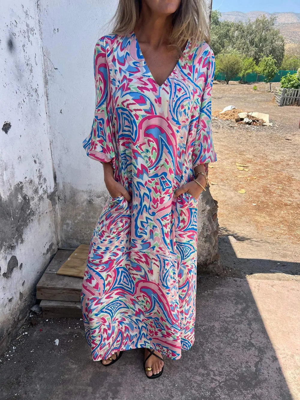 Solstice Bloom Boho Maxikleid mit Taschen