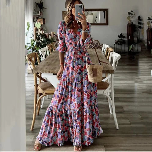 Liora | Bedrucktes Maxikleid mit V-Ausschnitt und Schwung