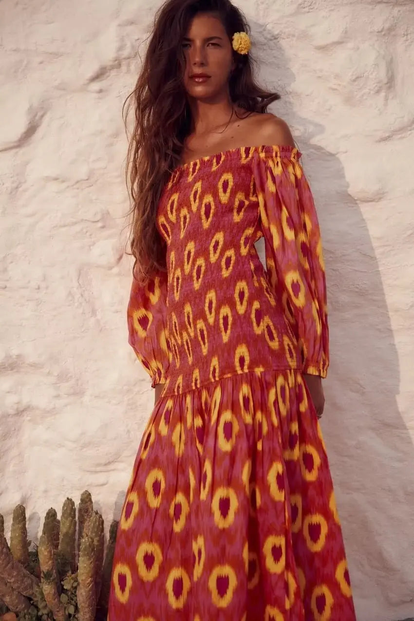 Aurelia | Bedrucktes Strandkleid mit Laternenärmeln