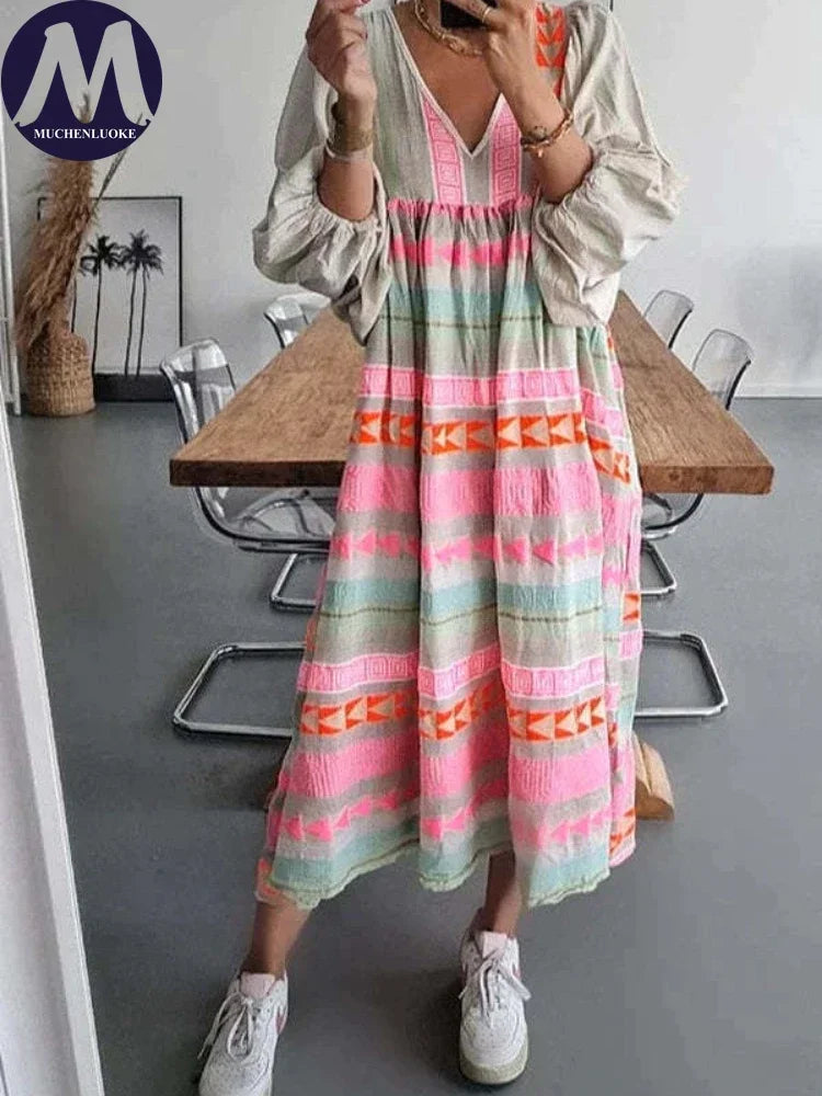 Cassandra | Boho-Print V-Ausschnitt Kleid