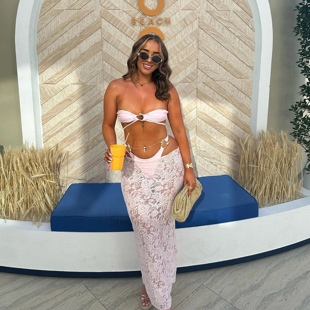 Olivia | Bandeau 3-teiliges Bikini-Set mit langem Kleid