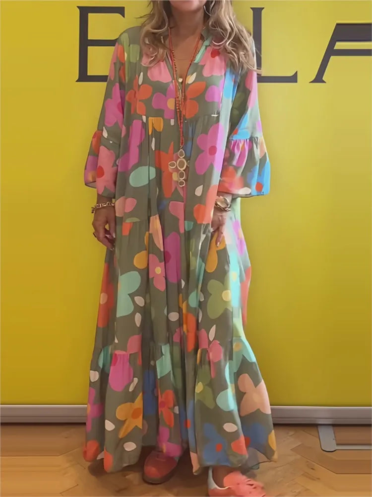 Serena | Bedrucktes Maxi-Strandkleid mit V-Ausschnitt