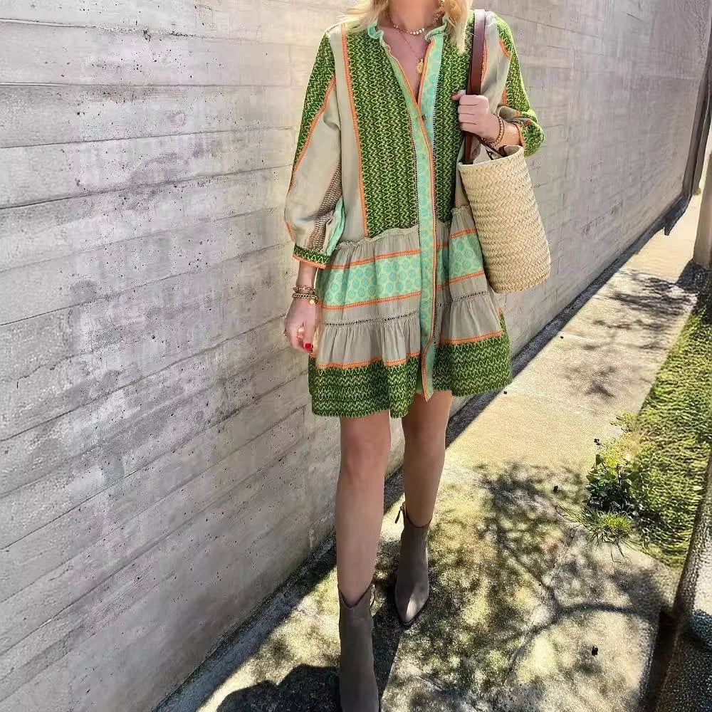 Selene | Baumwoll-Leinen Kleid mit grünem Druck
