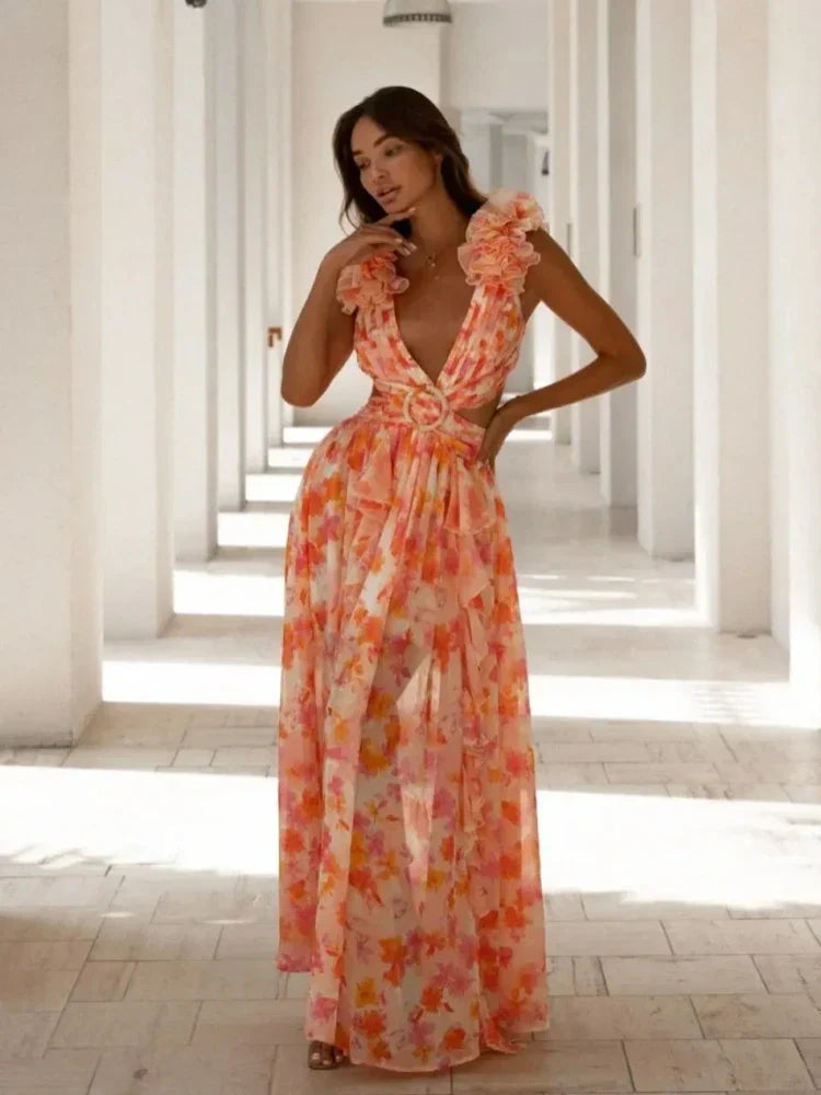 Lexi – Elegantes Rückenfreies Maxikleid mit Rüschen