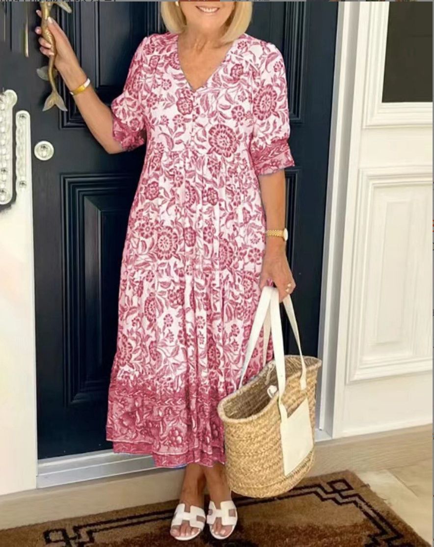 Evelyn – Elegantes Blumenkleid mit V-Ausschnitt