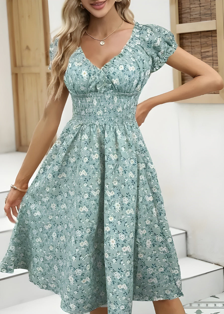 Nancy Floral Midi Dress with Puff Sleeves