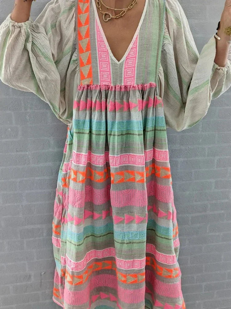 Cassandra | Boho-Print V-Ausschnitt Kleid