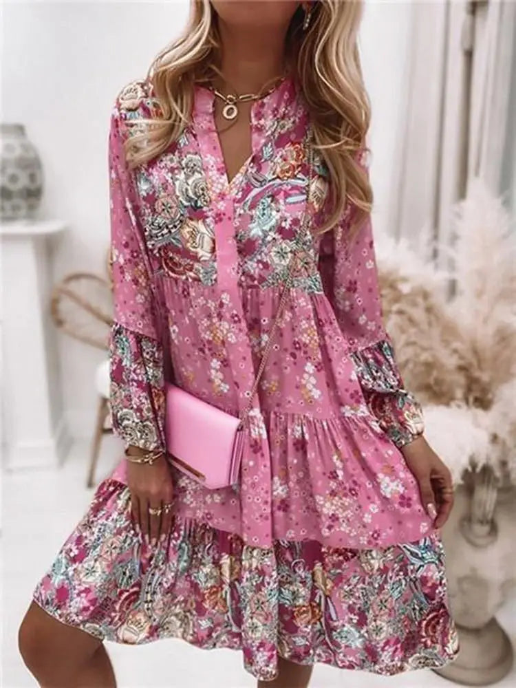 Helena | Blumiges A-Linien-Kleid mit V-Ausschnitt
