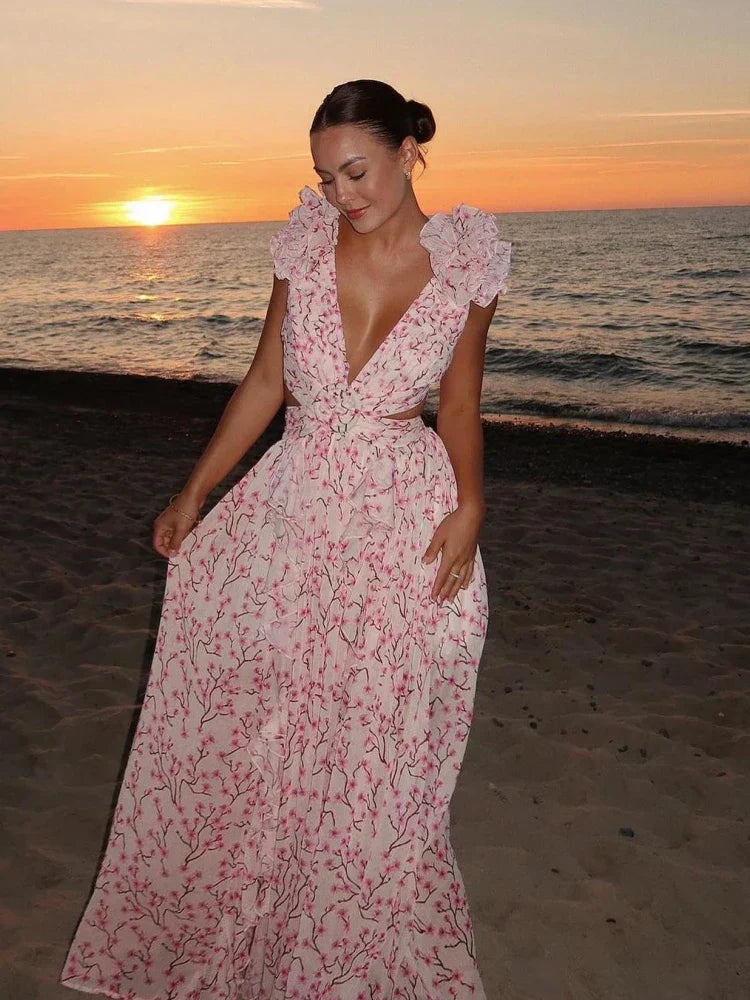 Lexi – Elegantes Rückenfreies Maxikleid mit Rüschen