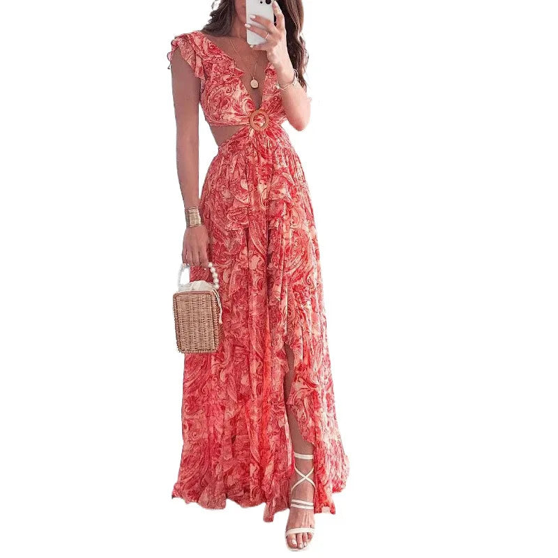 Elara Printed Pleated V-Neck Dress