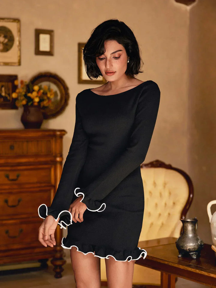Sophia | Langarm-Rüschen Strick-Minikleid