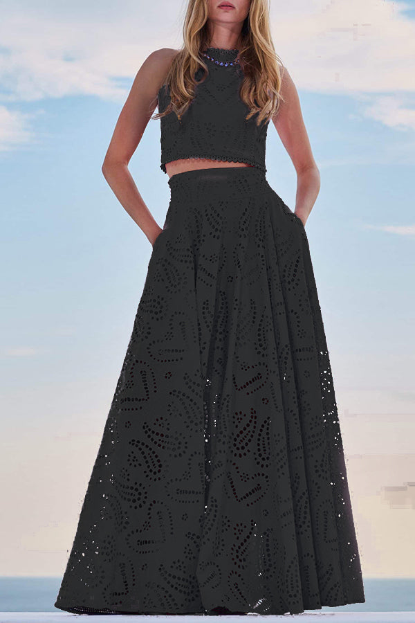 Zweiteiliges Set mit Stickereien und langem High-Waist-Rock mit Taschen