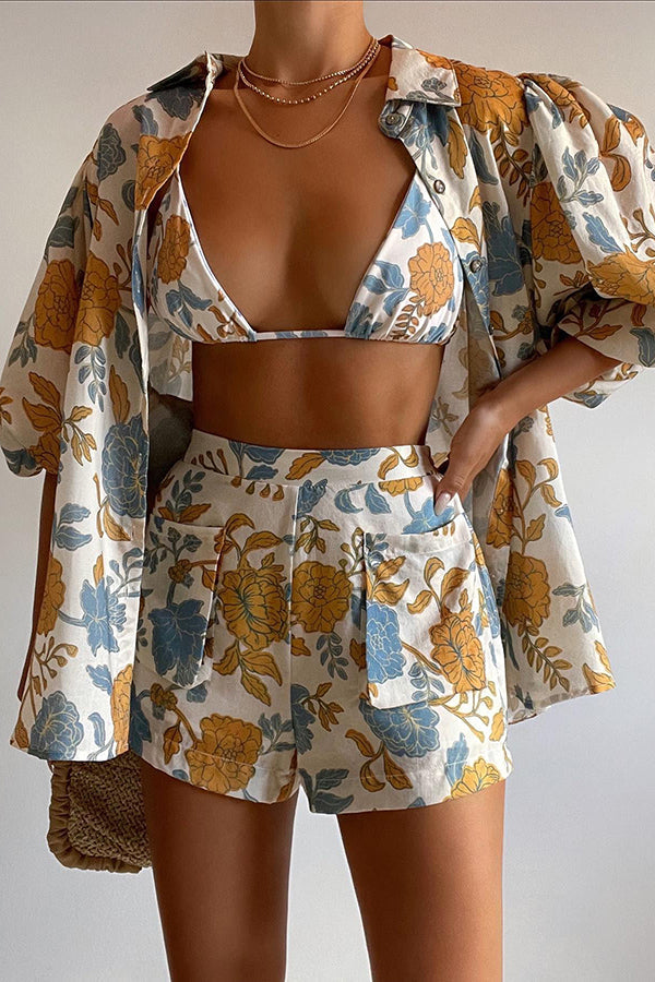 Hawaii | Geblümtes Strand-Set mit Oversize-Hemd, Triangel-Bikini-Top und Shorts mit Taschen