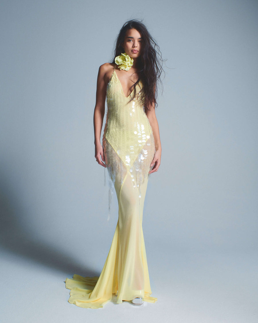 Nisari Sequin Maxi Dress with Floral Choker