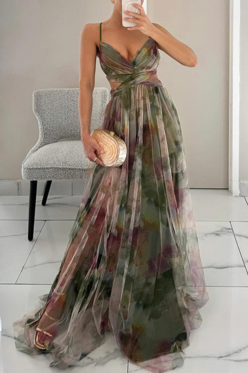 Elegant Long Print Dress with Adjustable Tie Detail