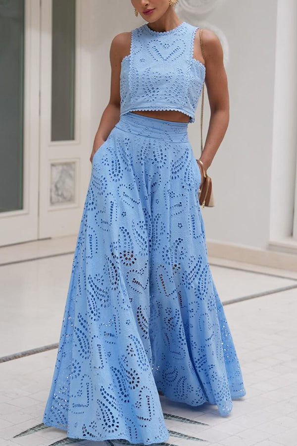 Zweiteiliges Set mit Stickereien und langem High-Waist-Rock mit Taschen