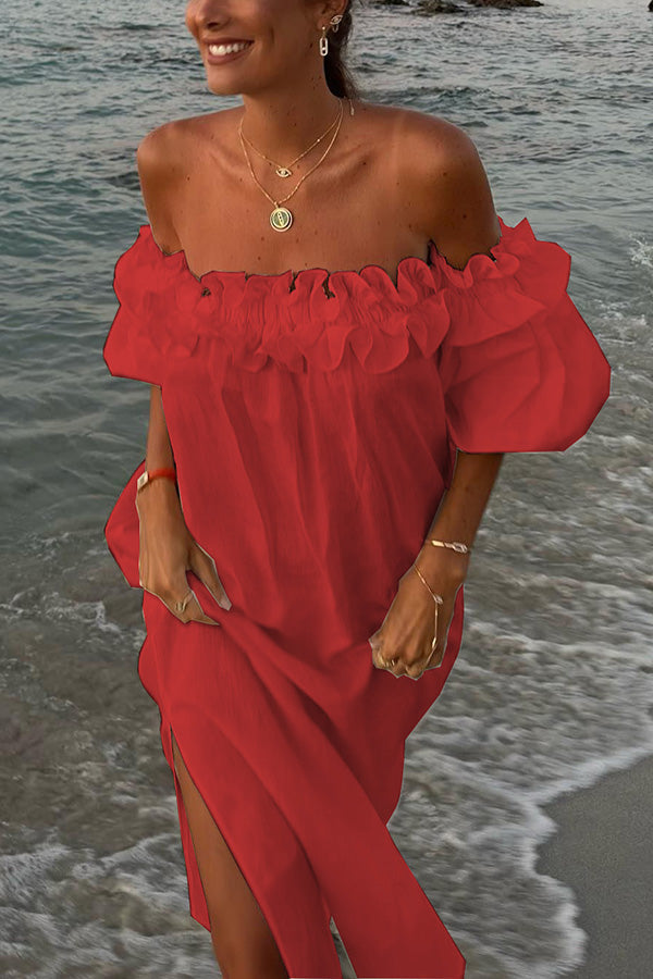 Schulterfreies Midikleid mit voluminösem Volant und Puffärmeln