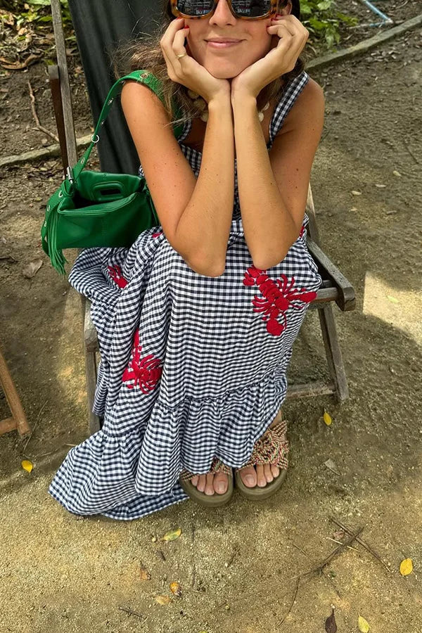 Gingham Print Embroidered Maxi Dress