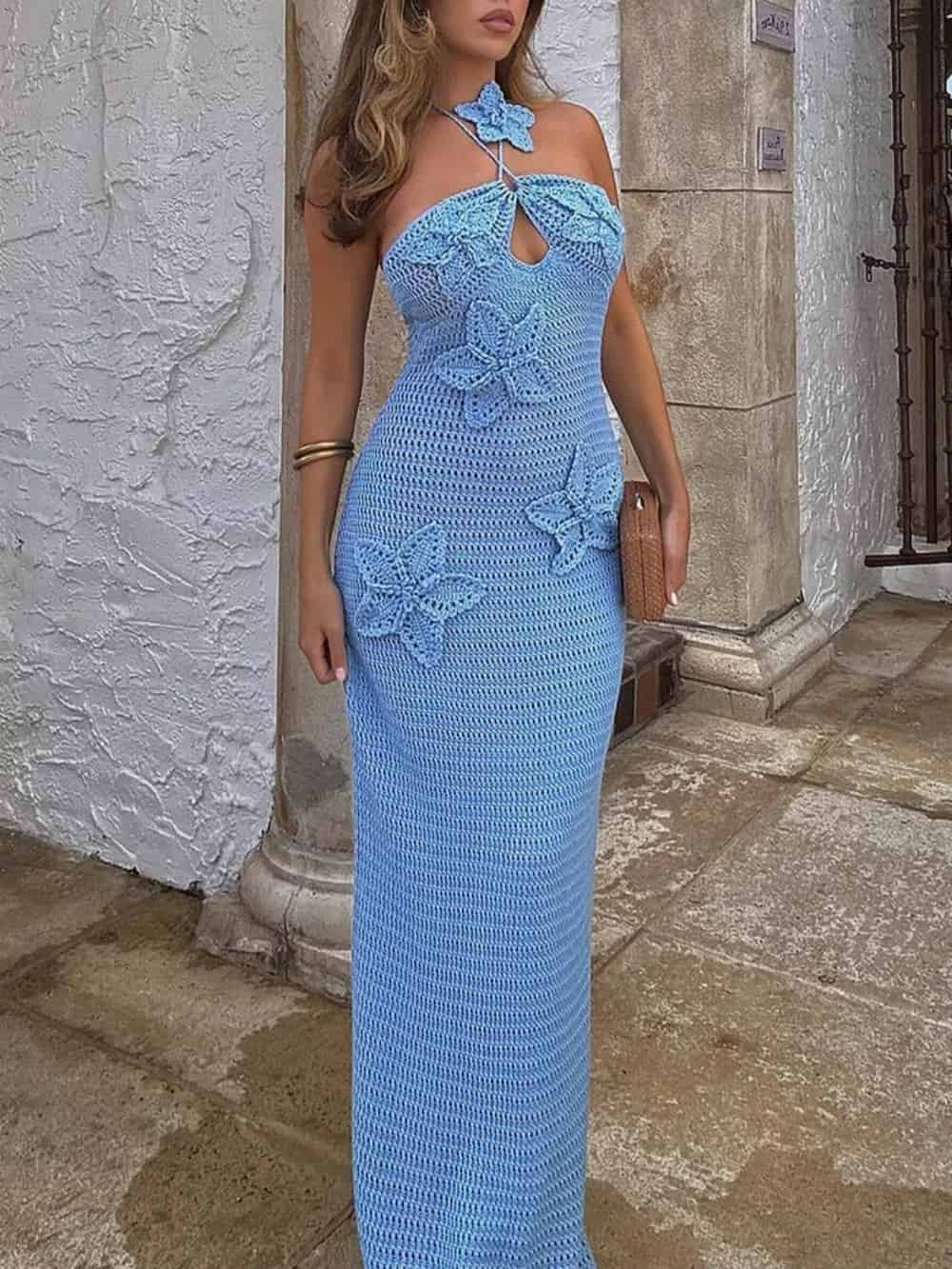 3D Blumenverzierte, körperbetonte Maxikleider mit Häkel- und Neckholder-Design