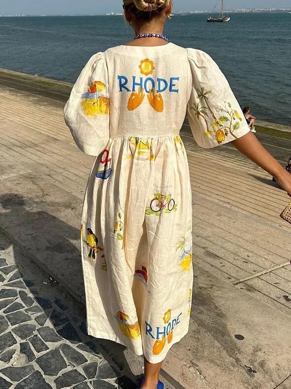Midi-Kleid mit einzigartigem Folklore-Blumenmuster und Puffärmeln im Urlaubsstil