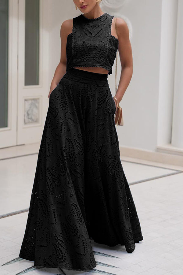 Zweiteiliges Set mit Stickereien und langem High-Waist-Rock mit Taschen