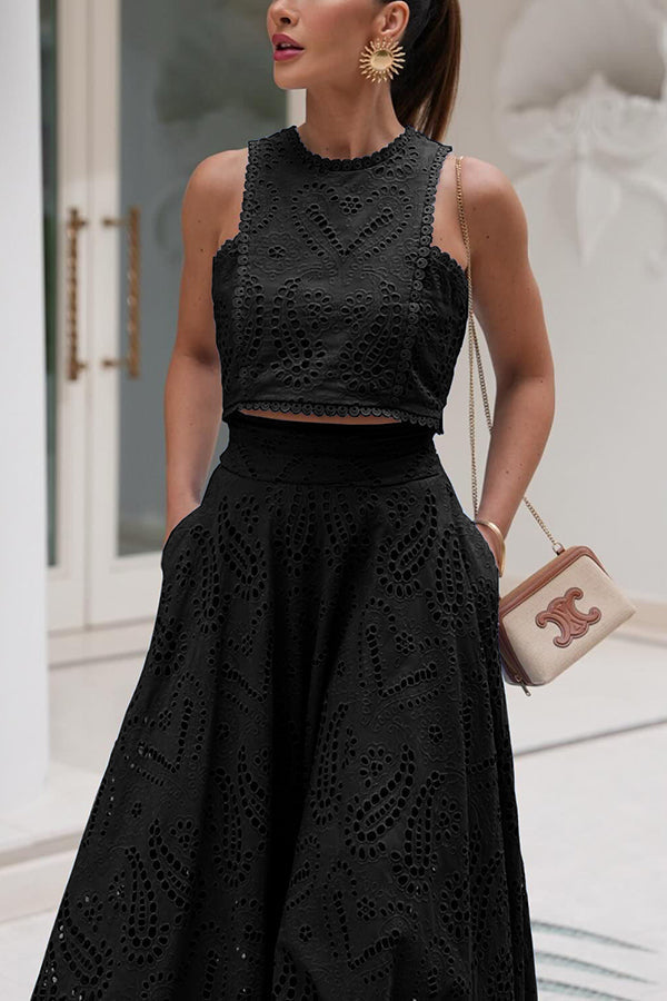 Zweiteiliges Set mit Stickereien und langem High-Waist-Rock mit Taschen