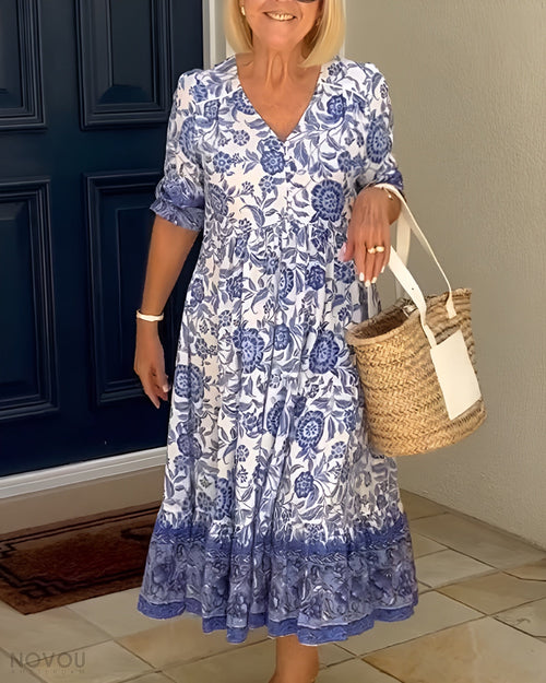 Evelyn – Elegantes Blumenkleid mit V-Ausschnitt