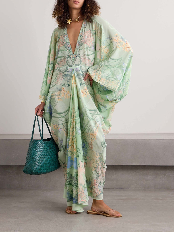 Einzigartiges Midikleid mit Blumenmuster, V-Ausschnitt und oversized Passform