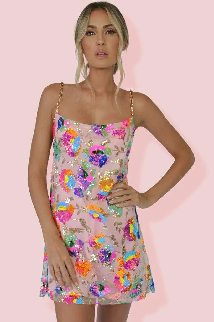Saffron – Glitzerndes Pailletten-Blumenkleid