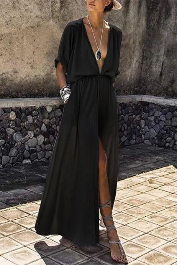 Nicole – Weites langes Kleid mit Schlitz, einfarbig, mit halblangen Ärmeln und tiefem V-Ausschnitt