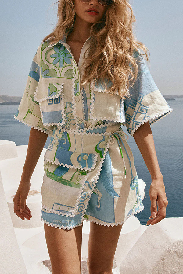 Pierre – Set mit bedrucktem Kurzarmhemd und Minirock mit seitlichem Knoten und welligen Säumen