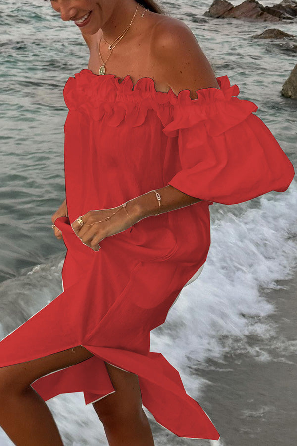 Schulterfreies Midikleid mit voluminösem Volant und Puffärmeln